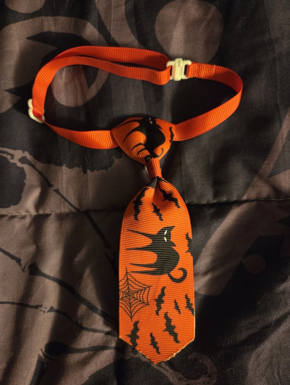 New Handcrafted Black and Orange Adjustable Halloween Cat Collar Tie Size S-L